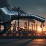 Refinaria de petróleo sob fumaça de guerra, representando a instabilidade e a manutenção de combustíveis caros.