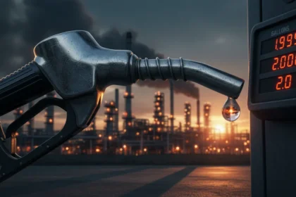 Refinaria de petróleo sob fumaça de guerra, representando a instabilidade e a manutenção de combustíveis caros.