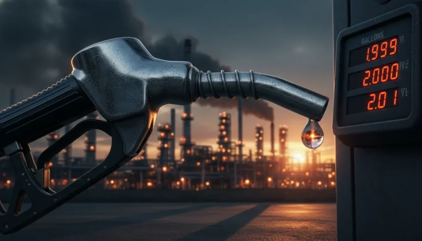 Refinaria de petróleo sob fumaça de guerra, representando a instabilidade e a manutenção de combustíveis caros.