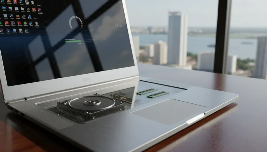 Notebook com lentidão e hardware em evidência, alertando sobre riscos ao comprar computador baseado apenas no preço.