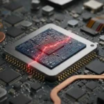 Chip de processador com símbolo de alerta e cadeado indicando a falha MediaTek Android em smartphones.
