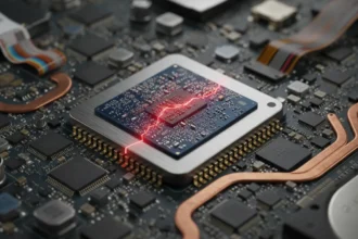 Chip de processador com símbolo de alerta e cadeado indicando a falha MediaTek Android em smartphones.