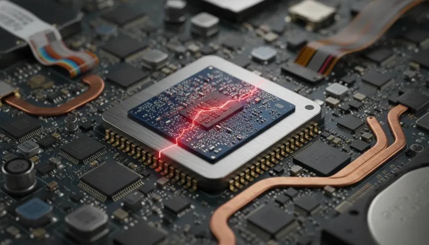 Chip de processador com símbolo de alerta e cadeado indicando a falha MediaTek Android em smartphones.