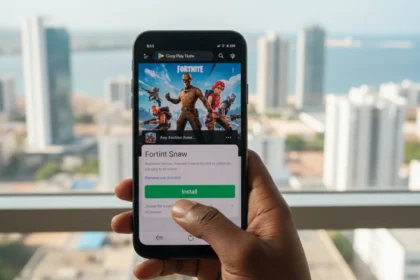Personagem comemora vitória no celular; Fortnite volta Google Play após fim da disputa e queda histórica de taxas.
