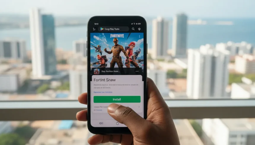 Personagem comemora vitória no celular; Fortnite volta Google Play após fim da disputa e queda histórica de taxas.