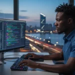 Logotipo do Gemini 3.1 Flash em destaque sobre fundo azul tecnológico com elementos de API e código de programação.