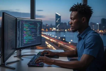 Logotipo do Gemini 3.1 Flash em destaque sobre fundo azul tecnológico com elementos de API e código de programação.