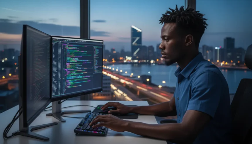 Logotipo do Gemini 3.1 Flash em destaque sobre fundo azul tecnológico com elementos de API e código de programação.