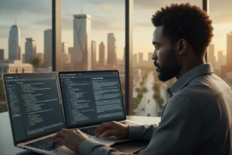 Interface do Google Canvas AI Mode com tela dividida para edição de textos e códigos de programação de forma integrada.