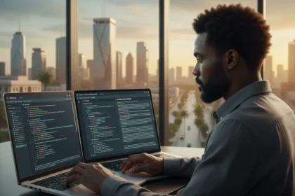 Interface do Google Canvas AI Mode com tela dividida para edição de textos e códigos de programação de forma integrada.