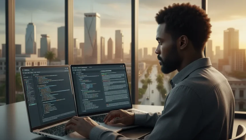 Interface do Google Canvas AI Mode com tela dividida para edição de textos e códigos de programação de forma integrada.