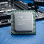 Processador Intel Core Ultra 5 250K Plus sobre circuitos eletrônicos com acabamento metálico e iluminação tecnológica.