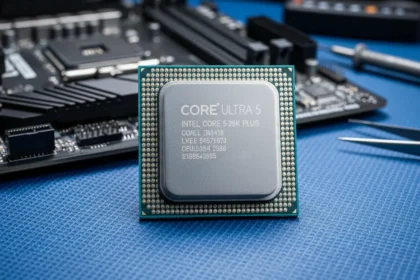 Processador Intel Core Ultra 5 250K Plus sobre circuitos eletrônicos com acabamento metálico e iluminação tecnológica.