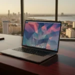 MacBook Neo aberto com design futurista, tela de bordas finas e corpo metálico minimalista sobre fundo neutro.