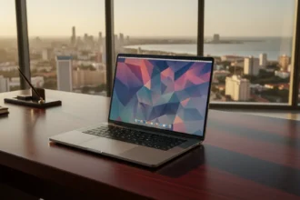 MacBook Neo aberto com design futurista, tela de bordas finas e corpo metálico minimalista sobre fundo neutro.
