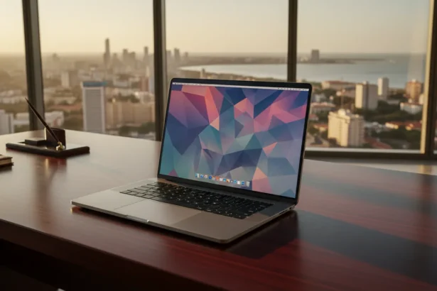 MacBook Neo aberto com design futurista, tela de bordas finas e corpo metálico minimalista sobre fundo neutro.