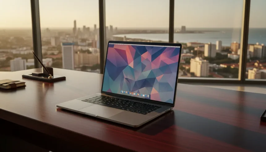 MacBook Neo aberto com design futurista, tela de bordas finas e corpo metálico minimalista sobre fundo neutro.