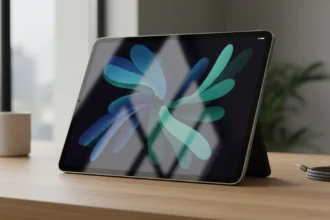 Novo iPad Air com chip M4 em ângulo diagonal exibindo a tela vibrante e o acabamento metálico premium da Apple.