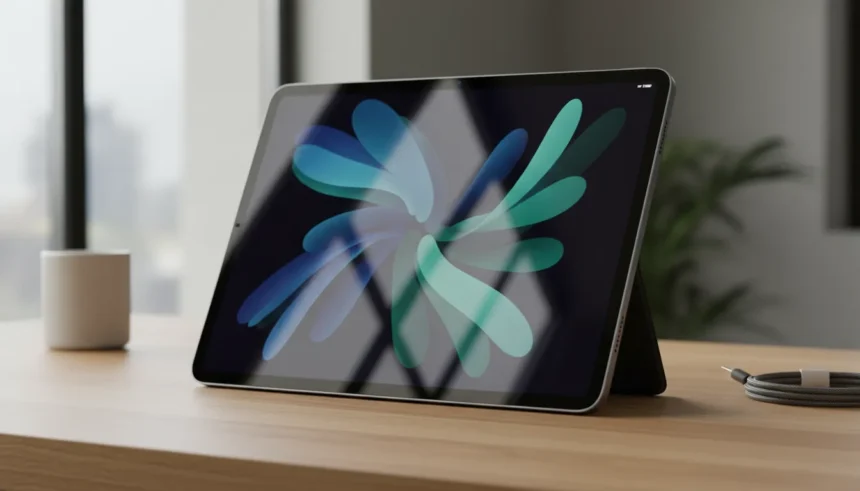 Novo iPad Air com chip M4 em ângulo diagonal exibindo a tela vibrante e o acabamento metálico premium da Apple.