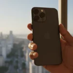 Novo iPhone 17e com design moderno, bordas finas e câmera única em destaque sobre fundo minimalista e tons claros.