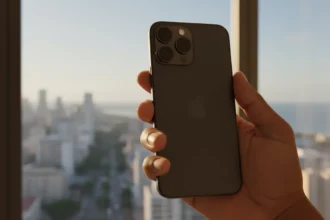 Novo iPhone 17e com design moderno, bordas finas e câmera única em destaque sobre fundo minimalista e tons claros.