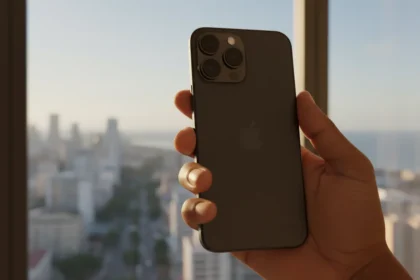 Novo iPhone 17e com design moderno, bordas finas e câmera única em destaque sobre fundo minimalista e tons claros.