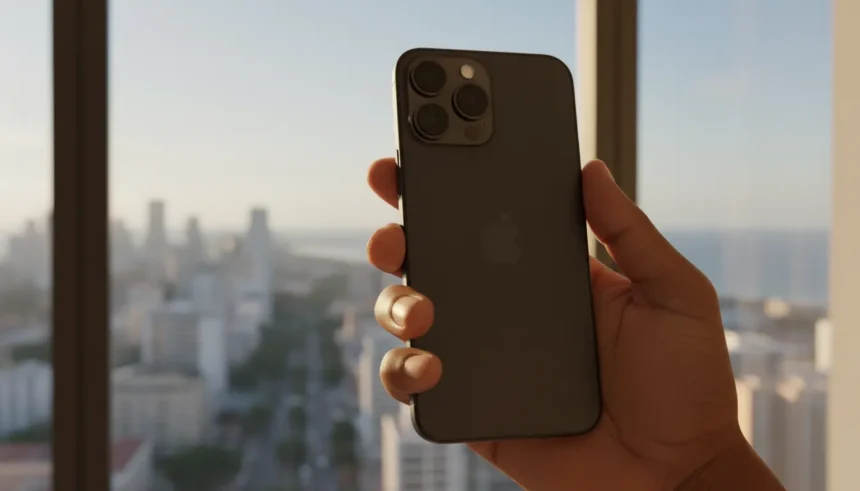 Novo iPhone 17e com design moderno, bordas finas e câmera única em destaque sobre fundo minimalista e tons claros.