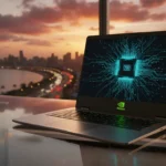 Chip de silício com logo da marca simbolizando a chegada da tecnologia NVIDIA processadores portáteis ao mercado.