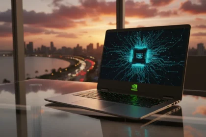 Chip de silício com logo da marca simbolizando a chegada da tecnologia NVIDIA processadores portáteis ao mercado.