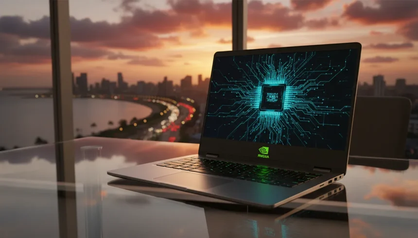 Chip de silício com logo da marca simbolizando a chegada da tecnologia NVIDIA processadores portáteis ao mercado.