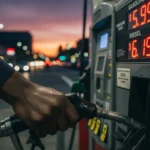 Painel de posto exibe alta nos preços dos combustíveis nos Estados Unidos sob tensão geopolítica e silhueta de Trump.