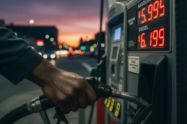 Painel de posto exibe alta nos preços dos combustíveis nos Estados Unidos sob tensão geopolítica e silhueta de Trump.