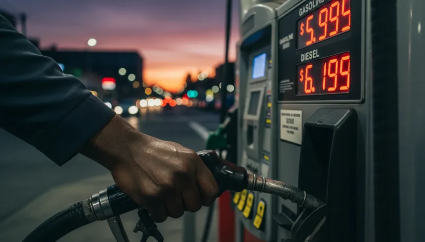 Painel de posto exibe alta nos preços dos combustíveis nos Estados Unidos sob tensão geopolítica e silhueta de Trump.