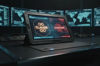 Claude em destaque sobre o logo da OpenAI em ruínas e cenário militar, ilustrando a queda do ChatGPT na liderança.