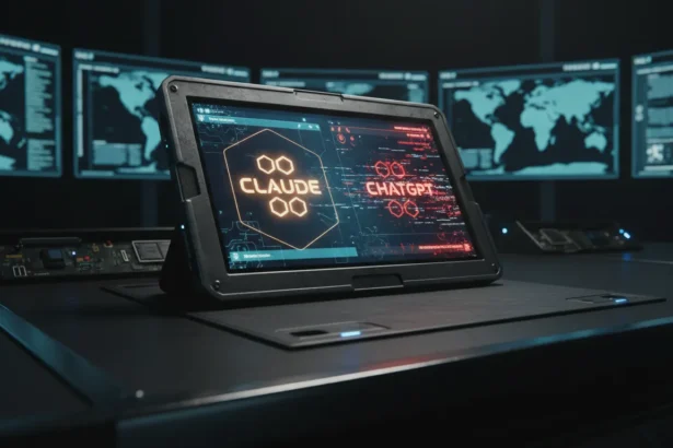 Claude em destaque sobre o logo da OpenAI em ruínas e cenário militar, ilustrando a queda do ChatGPT na liderança.