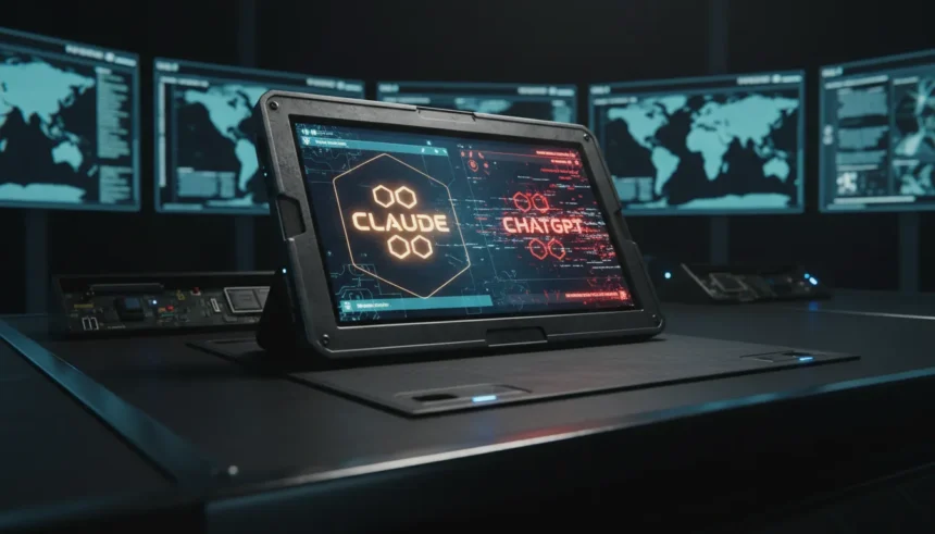 Claude em destaque sobre o logo da OpenAI em ruínas e cenário militar, ilustrando a queda do ChatGPT na liderança.