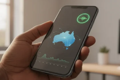 Usuário na Austrália acessa VPN no notebook para contornar novas restrições de idade online em sites e redes sociais.