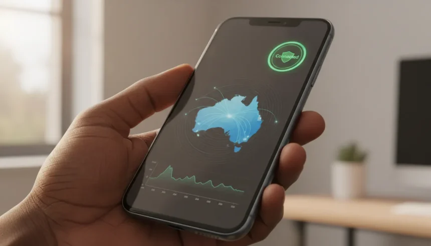 Usuário na Austrália acessa VPN no notebook para contornar novas restrições de idade online em sites e redes sociais.