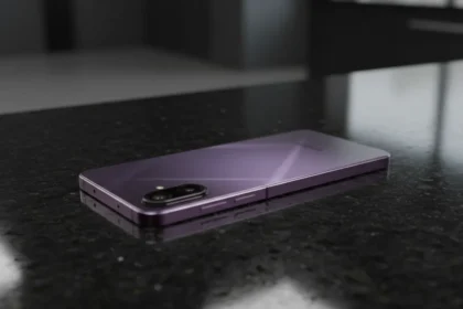 Smartphone Samsung Galaxy M17e 5G em destaque frontal com sobreposição gráfica de preço e luzes neon laterais.