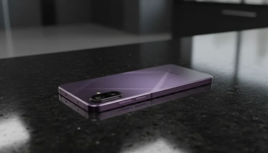 Smartphone Samsung Galaxy M17e 5G em destaque frontal com sobreposição gráfica de preço e luzes neon laterais.