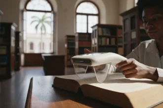 Scanner portátil com IA digitalizando anotações, a inovadora tecnologia para estudantes que substitui as fotocópias.