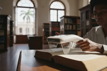 Scanner portátil com IA digitalizando anotações, a inovadora tecnologia para estudantes que substitui as fotocópias.