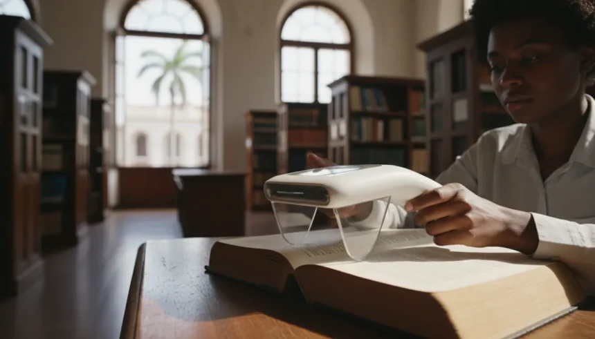 Scanner portátil com IA digitalizando anotações, a inovadora tecnologia para estudantes que substitui as fotocópias.