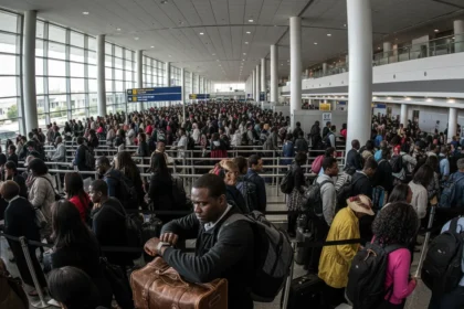 Fila longa na segurança de aeroporto americano; alerta importante para quem planeja viajar nos EUA esta semana.