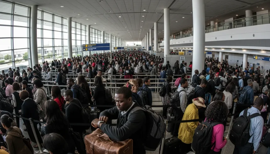 Fila longa na segurança de aeroporto americano; alerta importante para quem planeja viajar nos EUA esta semana.
