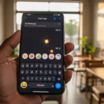 Interface do WhatsApp no iOS mostra figurinhas sugeridas sobre o teclado ao digitar um emoji no campo de mensagem.