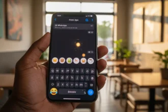 Interface do WhatsApp no iOS mostra figurinhas sugeridas sobre o teclado ao digitar um emoji no campo de mensagem.