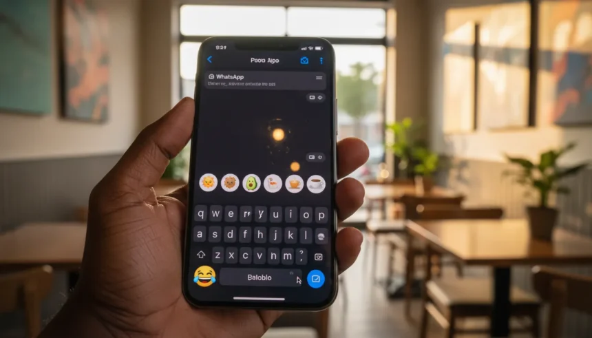 Interface do WhatsApp no iOS mostra figurinhas sugeridas sobre o teclado ao digitar um emoji no campo de mensagem.