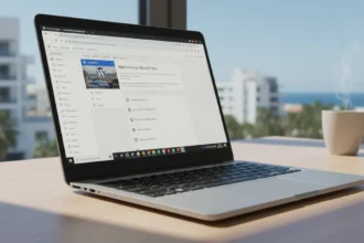 Interface administrativa do WordPress no navegador funcionando instantaneamente em um laptop sem servidor ou domínio.