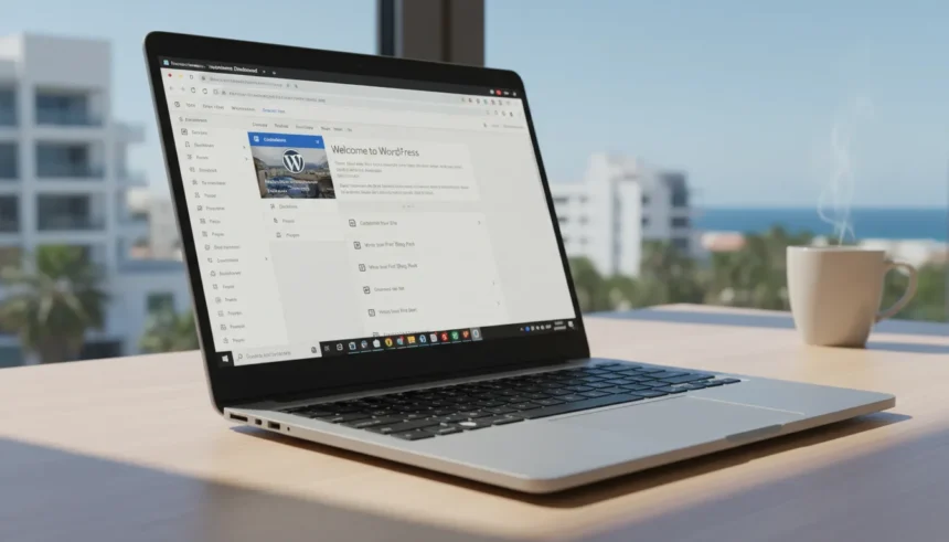 Interface administrativa do WordPress no navegador funcionando instantaneamente em um laptop sem servidor ou domínio.